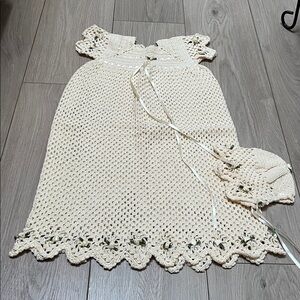 Handmade Crochet Baptism Dress with Cotton Slip+Bonnet - Cream-New!